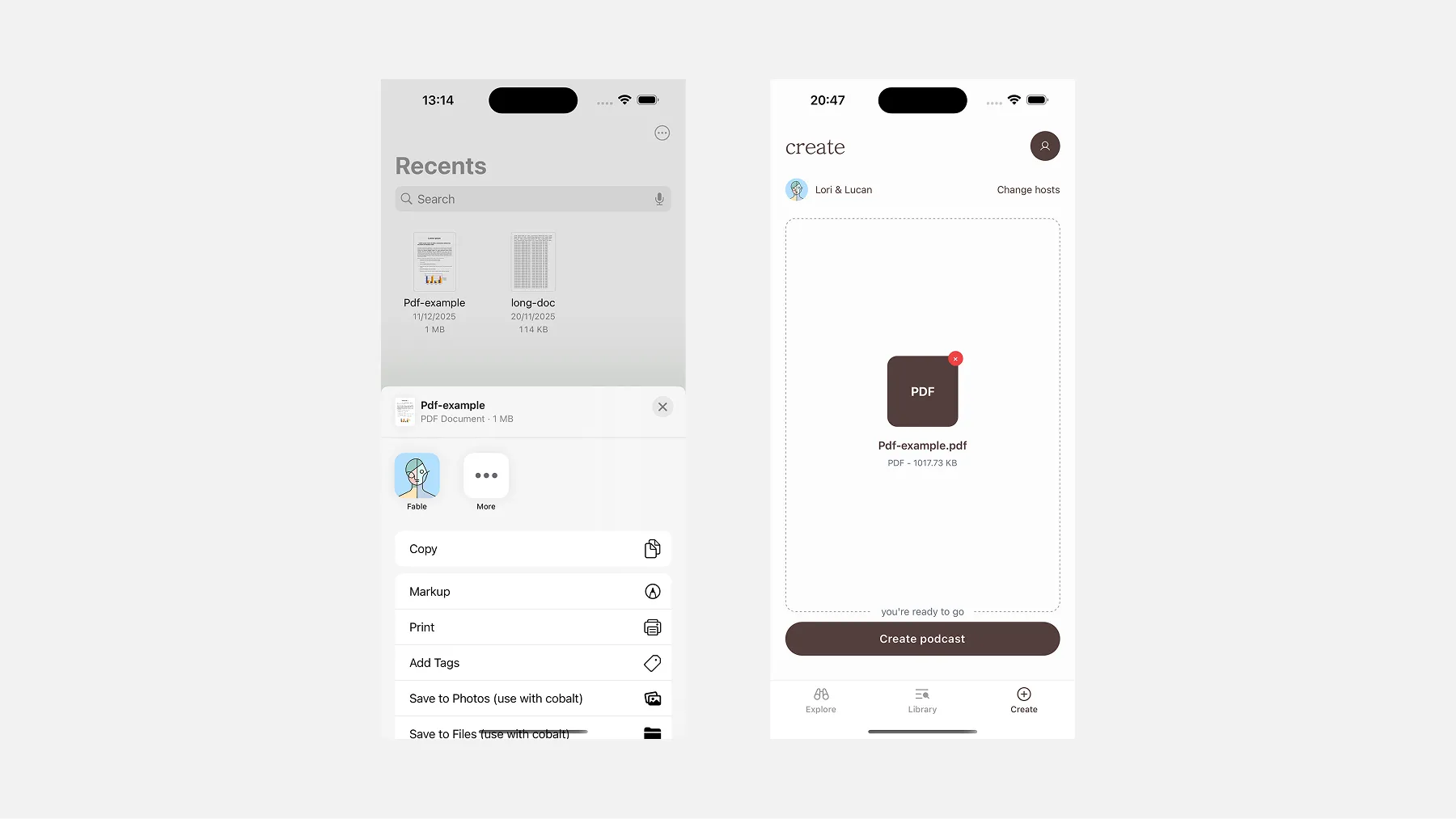 Share to Fable flow — share sheet and pre-loaded create screen